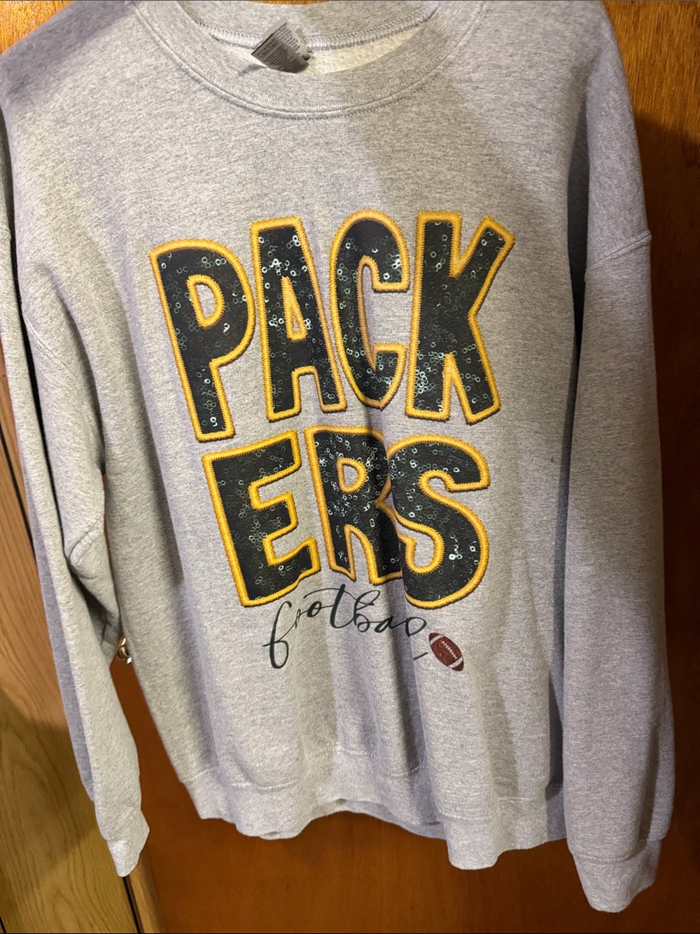 Gray 'Packers Football' Crewneck Sweater with Yellow Trim